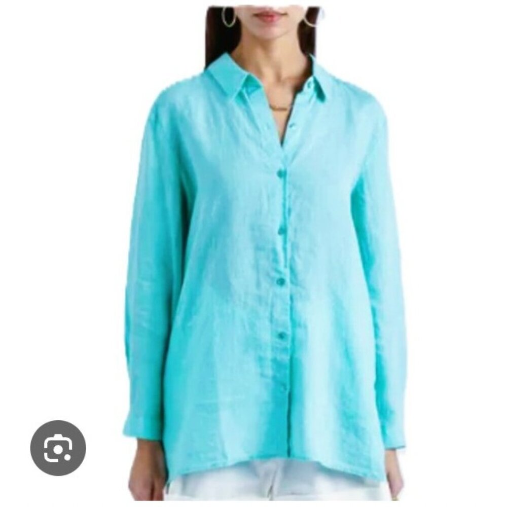 Eileen Fisher Classic Collar Shirt Womens Medium Aqua Linen Button Tunic Top